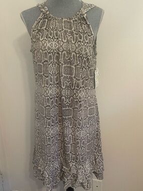 Void Snake-Print Halter Swing Dress in Taupe and Cream.Size Large